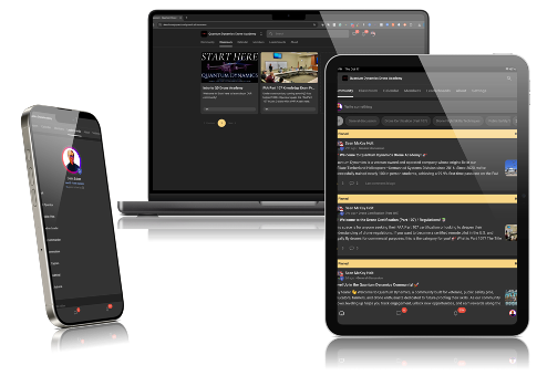 The Quantum Dynamics Drone Academy on a phone, laptop, and tablet: the Skool community and courses, available on any device
