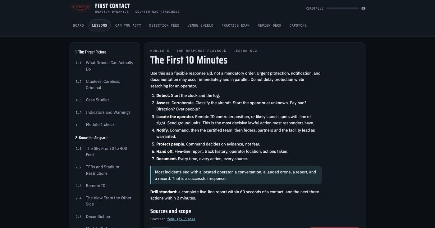 First Contact lesson The First 10 Minutes from the Response Playbook module: Detect, Assess, Locate the operator, Notify, Protect people, Hand off, Document