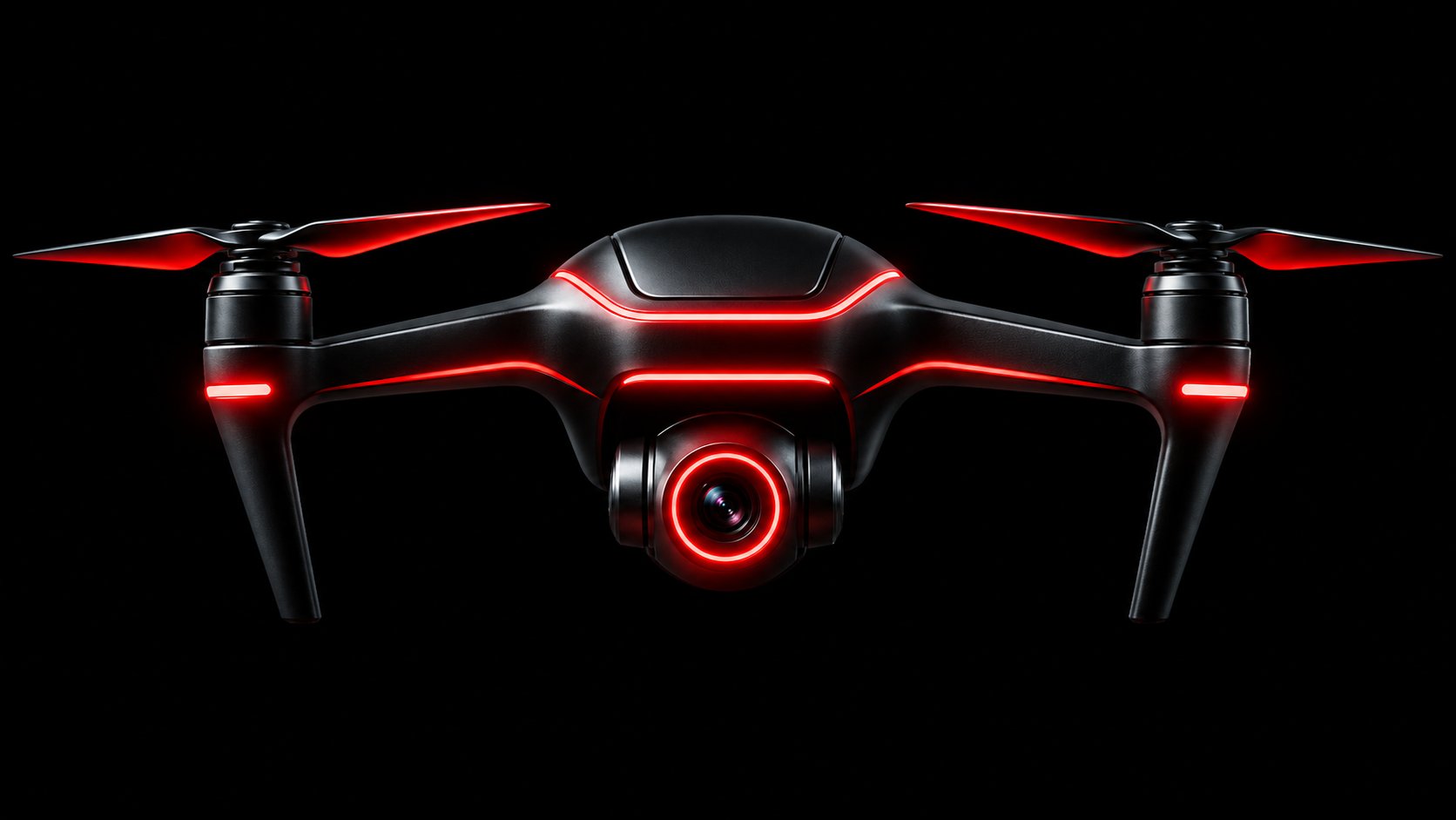 Quantum Dynamics drone with red glowing trim facing the camera against black