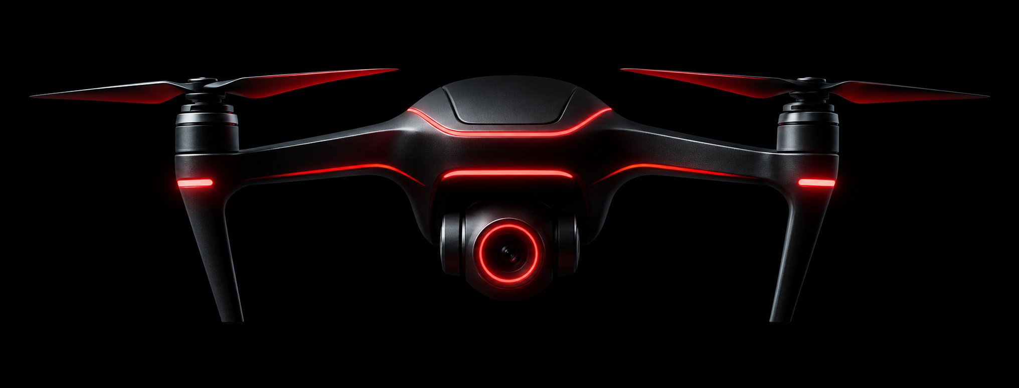 Quantum Dynamics drone with red glowing trim in panoramic profile against black