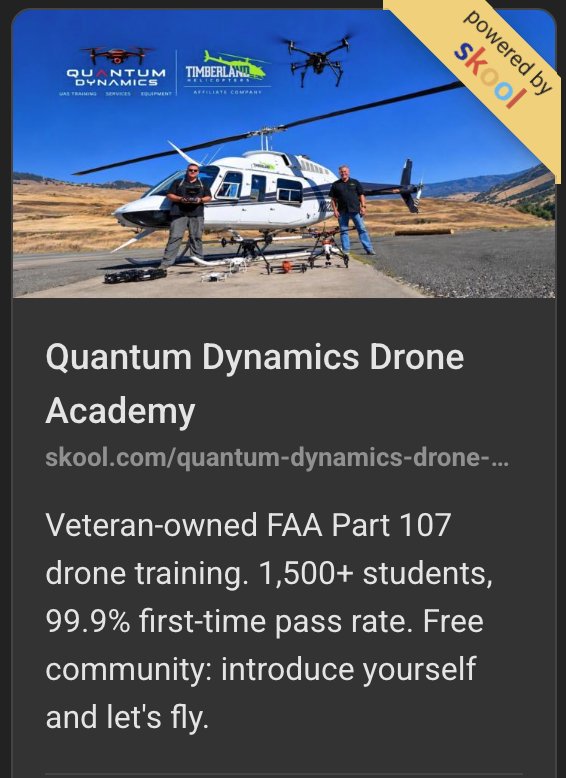 Quantum Dynamics Drone Academy card: the team and helicopter photo with the academy description, powered by Skool
